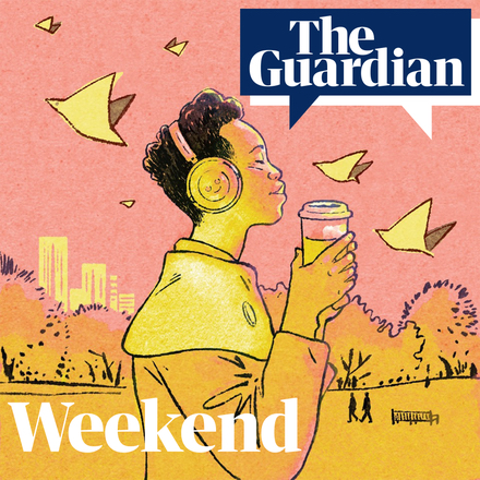 Logo for The Guardian Weekend podcast, showing a yellow and pink city landscape, including a young person in the foreground happily drinking from a takeaway cup and listening to large headphones