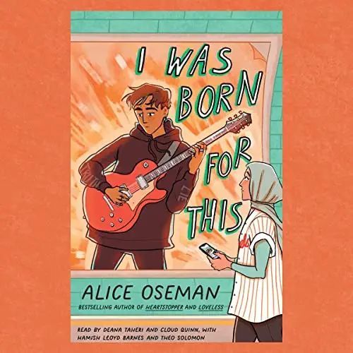 Book cover for I Was Born For This showing a cartoon drawing. The drawing shows a young man of south Asian ancestry, with dark brown hair wearing a dark brown hoodie and playing playing a red guitar. In front of him is a young women of middle Eastern ancestry, wearing a hijab, holding a concert ticket, and looking adoringly at the young man.